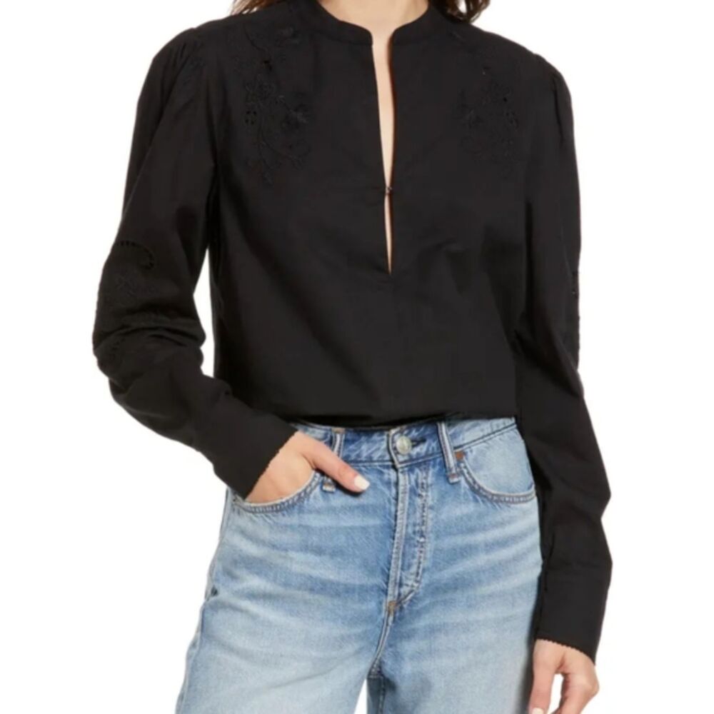NWT Rag & Bone Jade Embroidered Band Collar Cotton Blouse Black size S